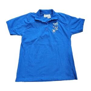 Vtg Floral Butterfly Embroidered Polo Womens L Blue Lady Bug Fairy Gardencore